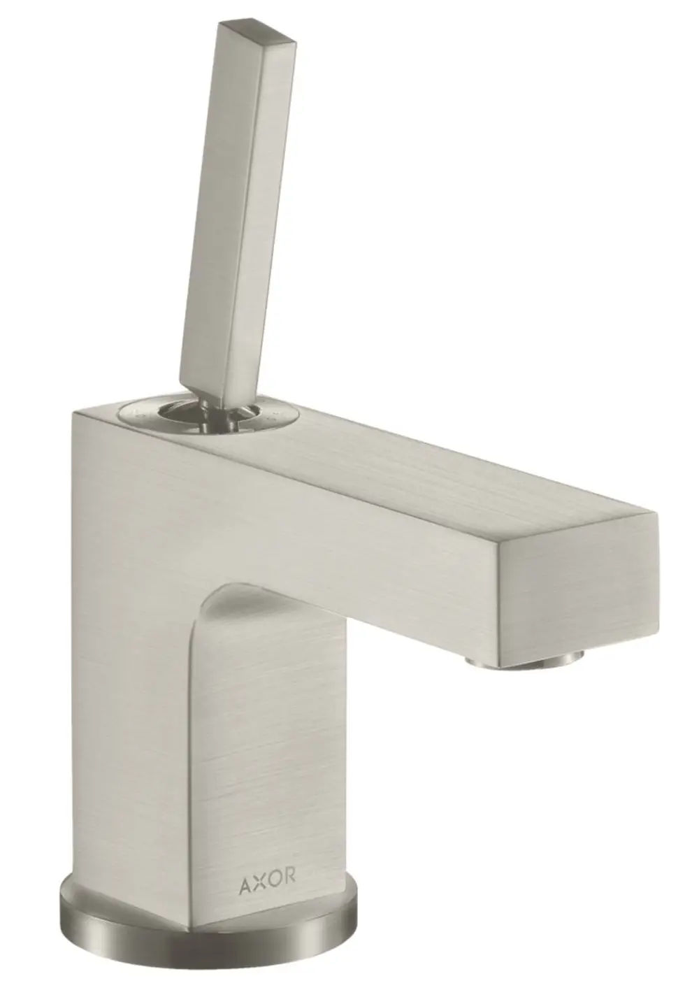 Einhebel-Waschtischmischer aus Edelstahl mit einem geraden Griff und runder Basis, gefertigt von AXOR. Design für Handwaschbecken, Zugstangen-Ablaufgarnitur integriert.